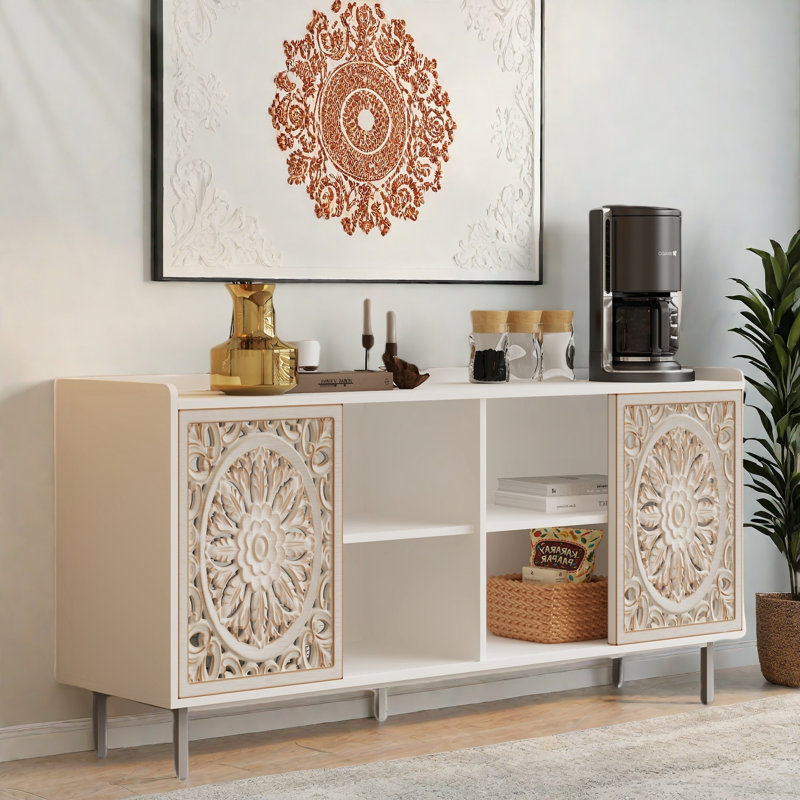 Mid Century Sideboard With Hollow-carved Wood Crafted Detailing And Sliding Doors