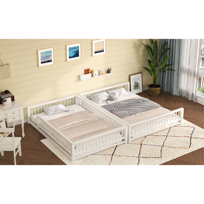 Full Xl Over Queen Metal Bunk Bed With And Guardrails, , No Box Spring Needed White Bed, Detachable Into Platform Beds, Space - Saving Safe