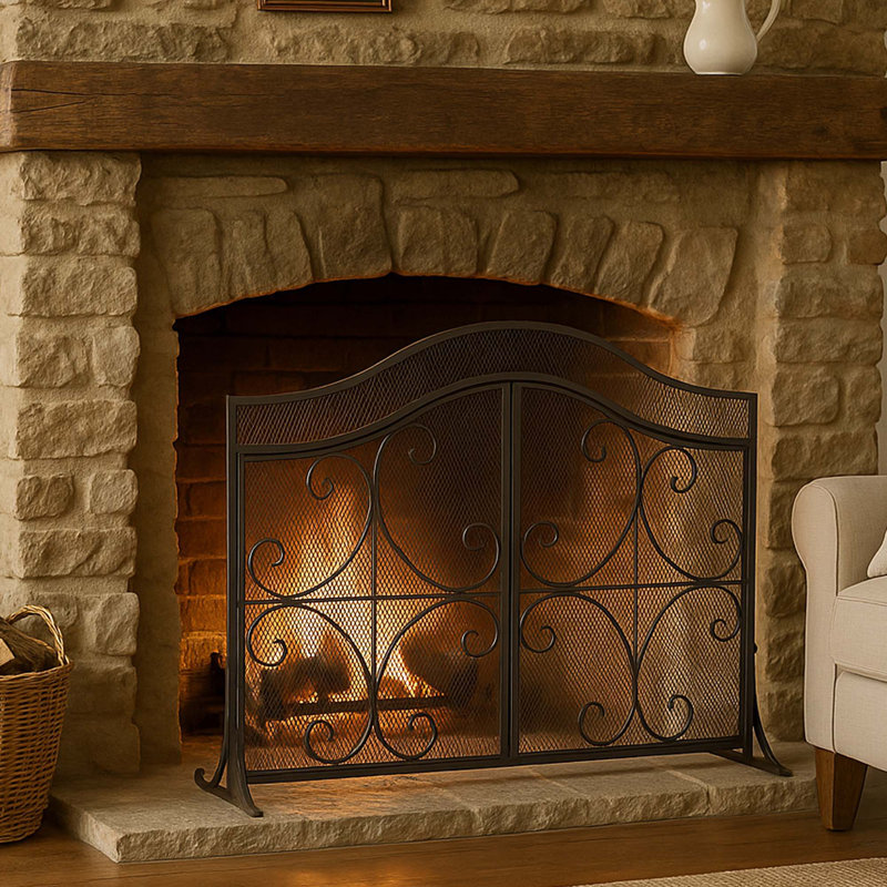 Retro Iron Scrollwork Fireplace Screen, One-Piece Frame, Decorative Arch Fireplace Door, 41"W x 9.75"D x 31.75"