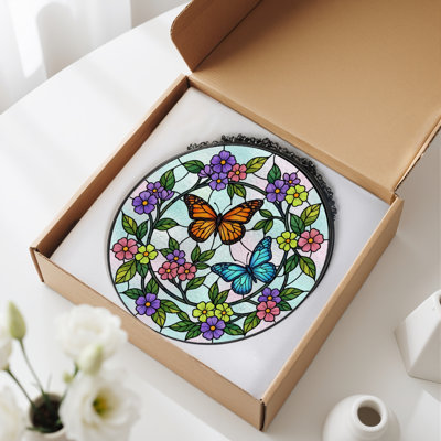 Butterfly Floral Stained Glass Window Panel，7.8H