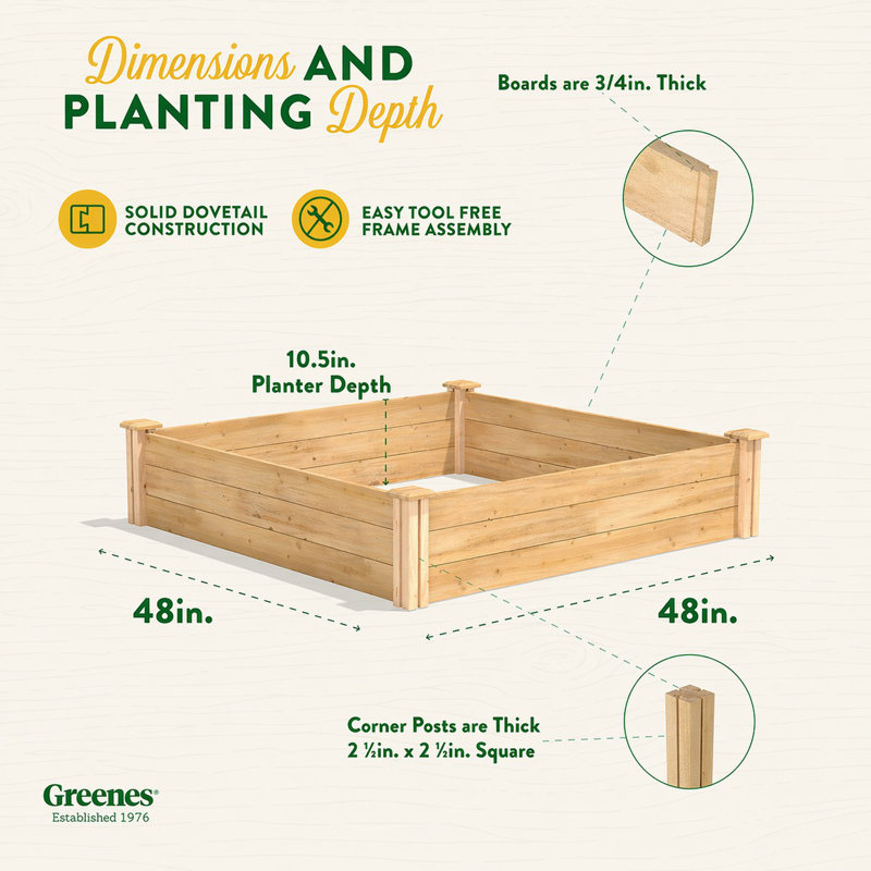 Katsuyoshi Wood Raised Garden Bed, Cedar, 10.5" H x 48" W x 48" D