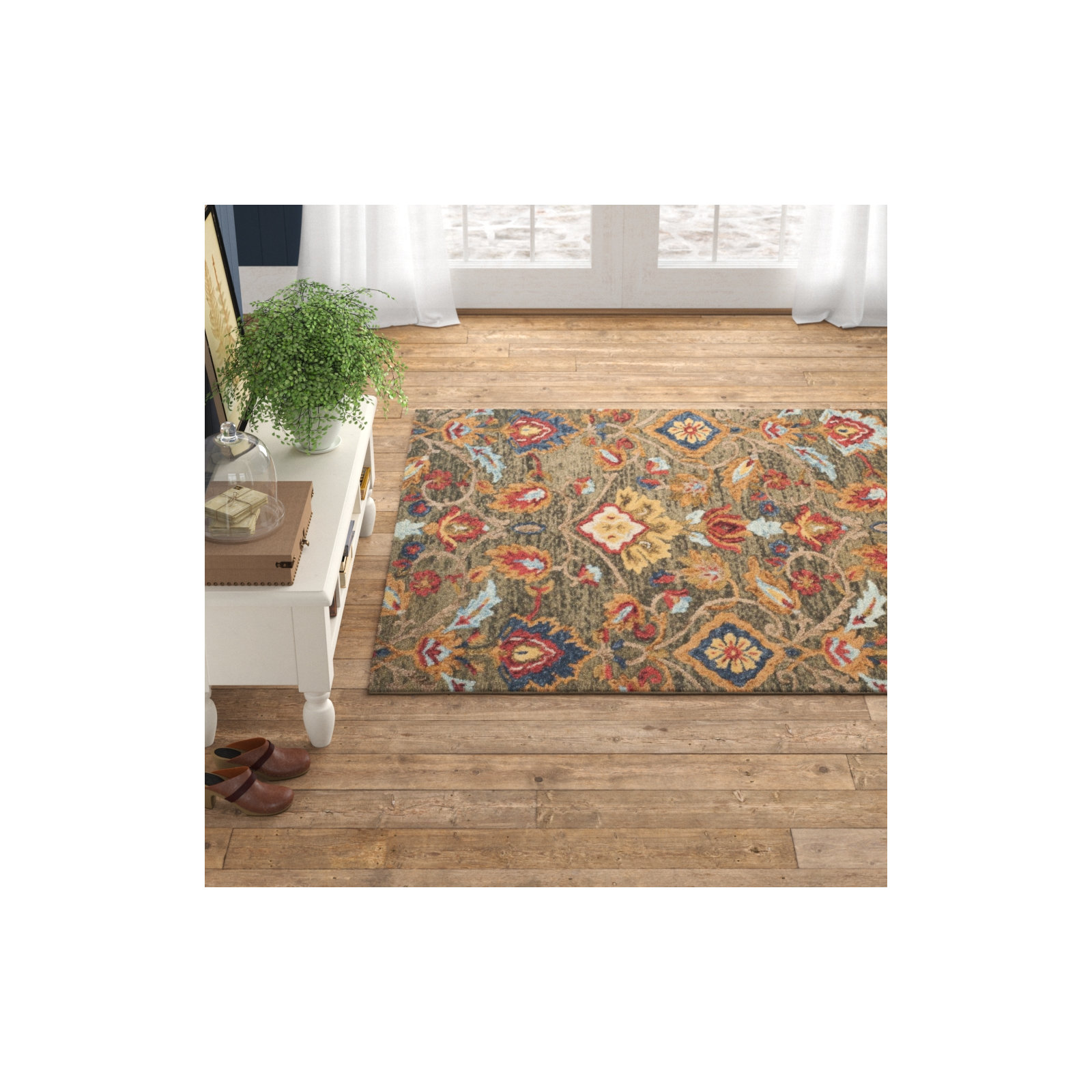 Tansy Handmade Wool Green / Multi Rug, Rectangle 10' x 14'