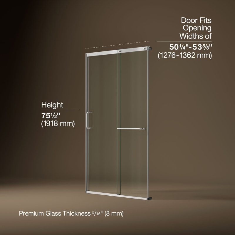 Elate Tall Sliding Shower Door, 75-1/2-In H X 50-1/4 - 53-5/8-In W, With Heavy 5/16-In Thick Crystal Clear Glass, Silver