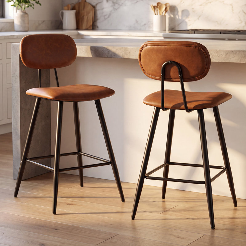 26.75" Leather Counter & Bar Stool with Large Seat and Back, Brown