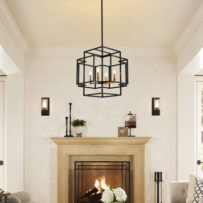 Paola 59 In. 4-Light Farmhouse Kitchen Chandeliers, Matte Black Vintage Rustic Cage Light Fixture Adjustable Height Chandeliers For Dining Room Hallway Foyer Entryway