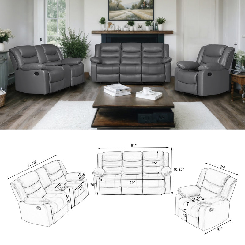 3-Piece Faux Leather Reclining Sofa Set, 5 Manual Recliners, Drop Down Table with Cup Holders, Gray