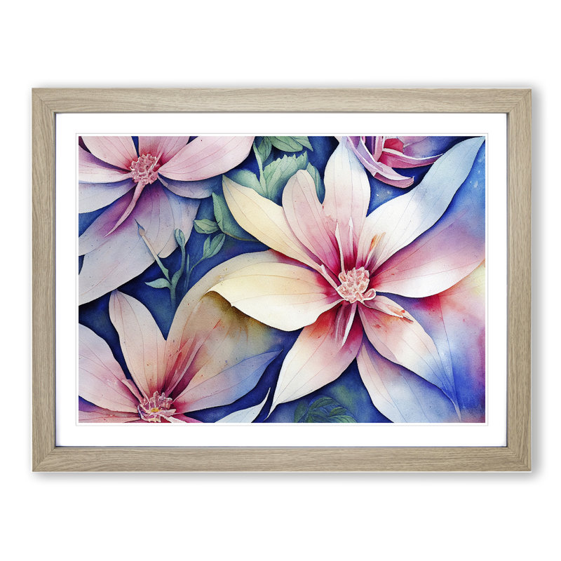 Favourable Watercolour Flowers - Single Picture Frame Print, Oak, 46cm H x 64cm W x 2cm D