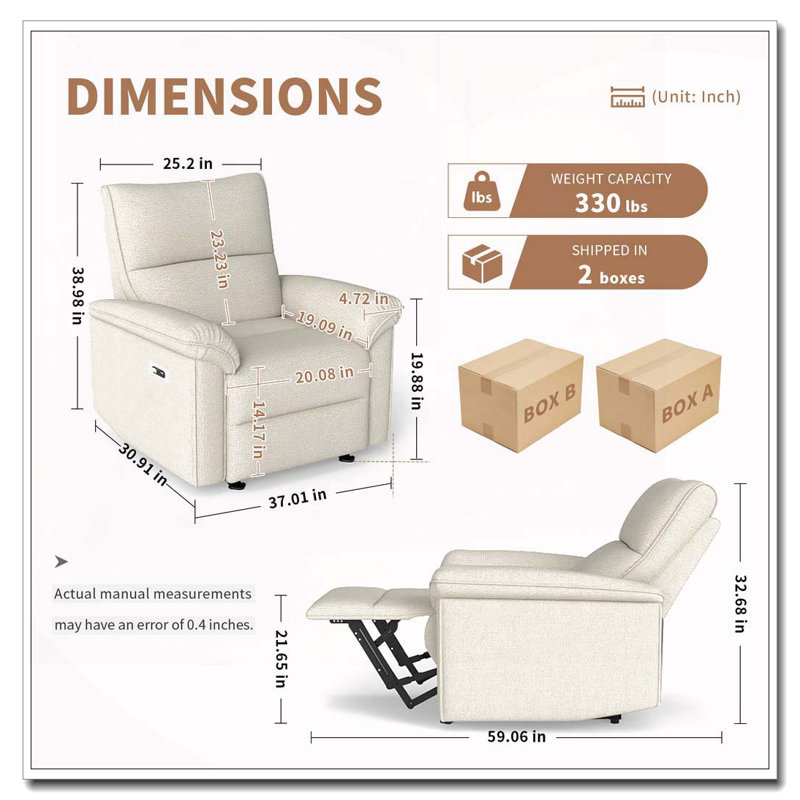 Power Recliner Chair,Electric Recliner For Living Room,Fabric Reclining Armchair For Small Space,Reclining Sofa For Bedroom/Apartment/RV,USB Port(Type-C)