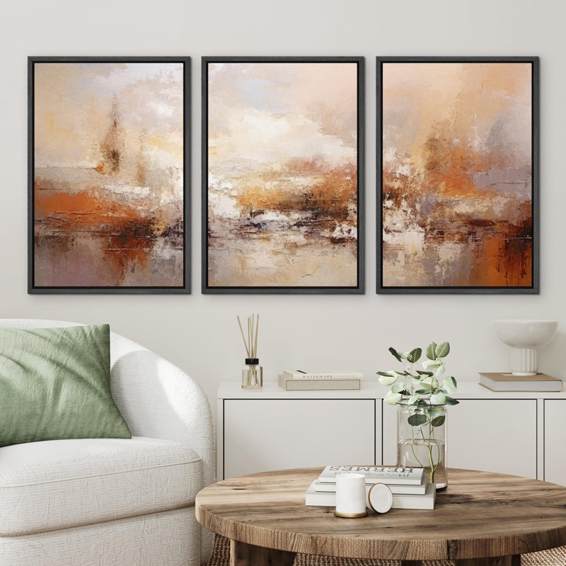 3 pièces modernes et vibrantes à motif abstrait rouge et orange, H 24 po x l 48 po x P 1,5 po, Cadre flottant noir
