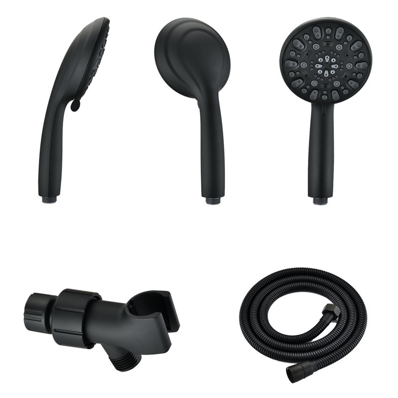 Tête de douche haute noire matte avec 7 motifs de jet et un support de bras réglable