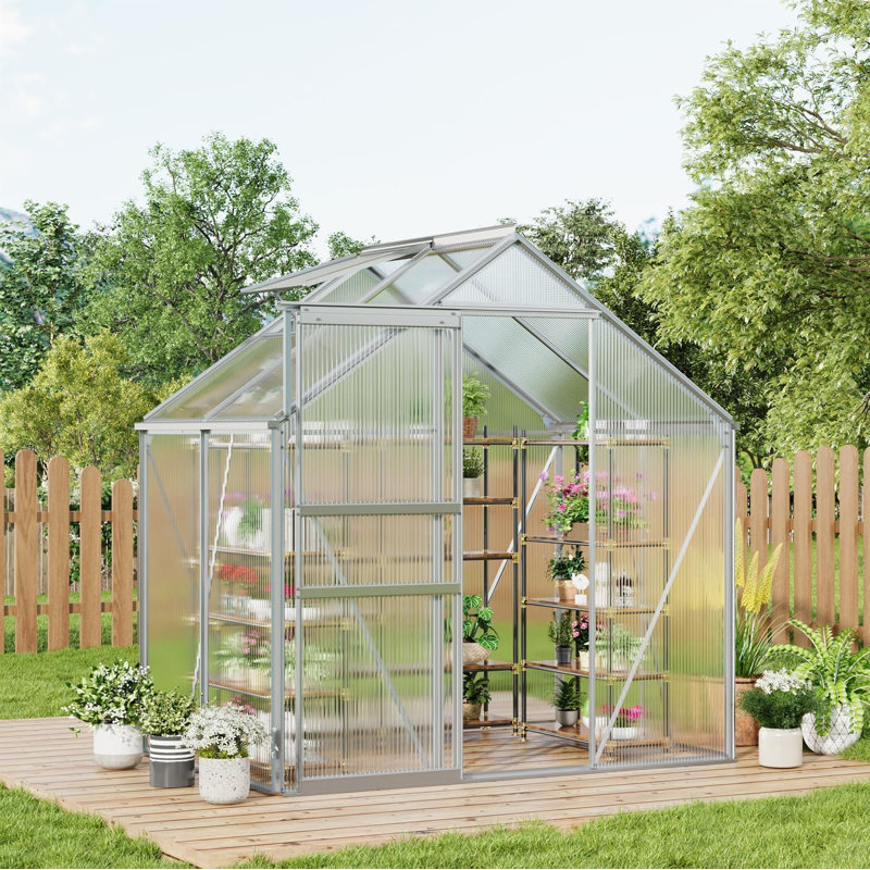 Silver 6x4 Ft Polycarbonate Walk-in Greenhouse with Aluminum Steel Frame, Adjustable Roof Vent and Sliding Door for Backyard Winter Growing