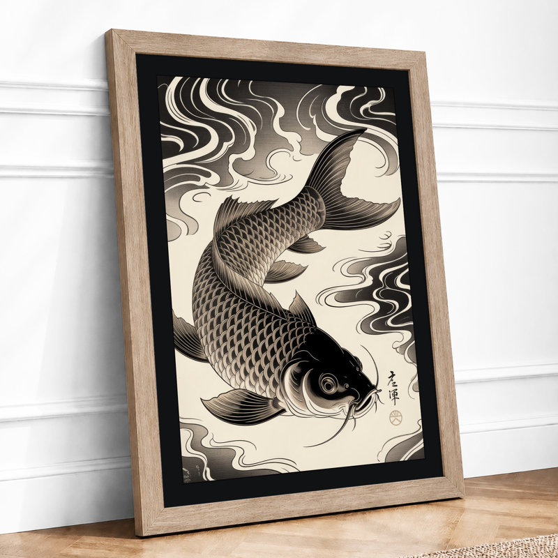 Carp in Motion Japandi - Framed Print, Oak, A4 - 29.7 x 21.0 cm