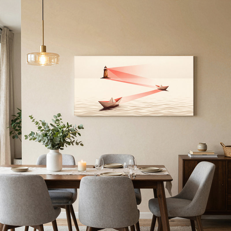 Art mural sur toile, "Phare rouge brillant sur des bateaux en papier", L 40 po x H 20 po