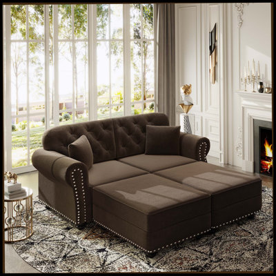 Canapé Chesterfield de 63 po en velours avec garniture cloutée et accoudoirs roulés, canapé de style Mid-Century moderne capitonné avec boutons, brun