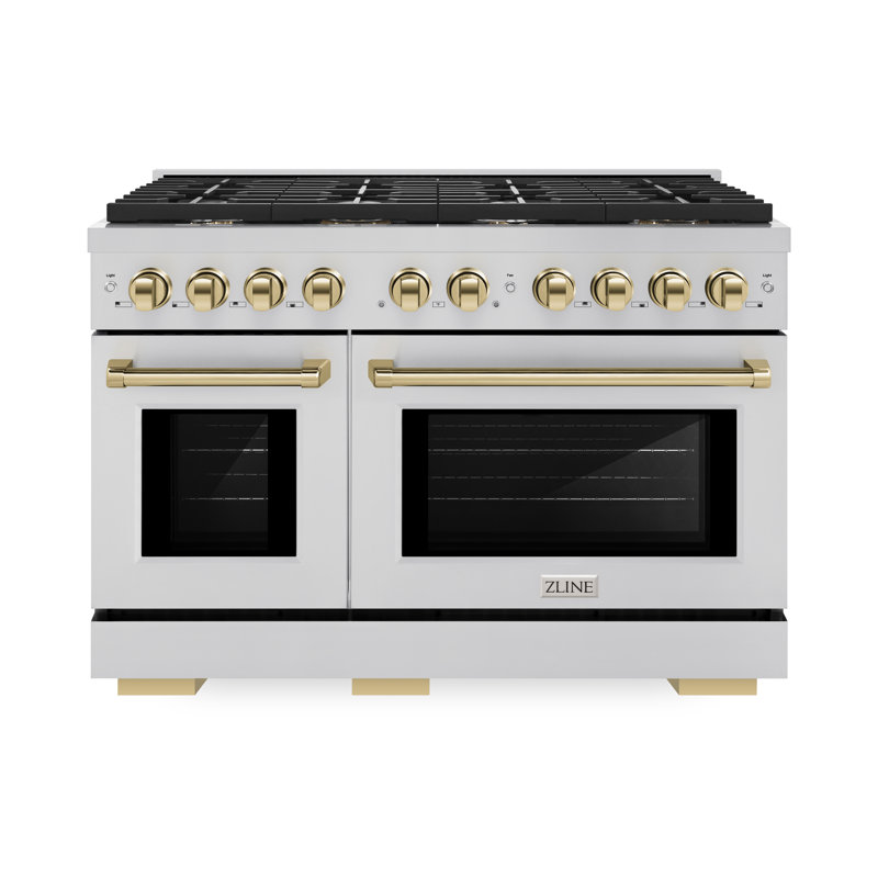 ZLINE 48 in. 8 Burner Double Oven Gas Range in Stainless Steel and Champagne Bronze Accents, Natural Gas, Gray/Polished Gold