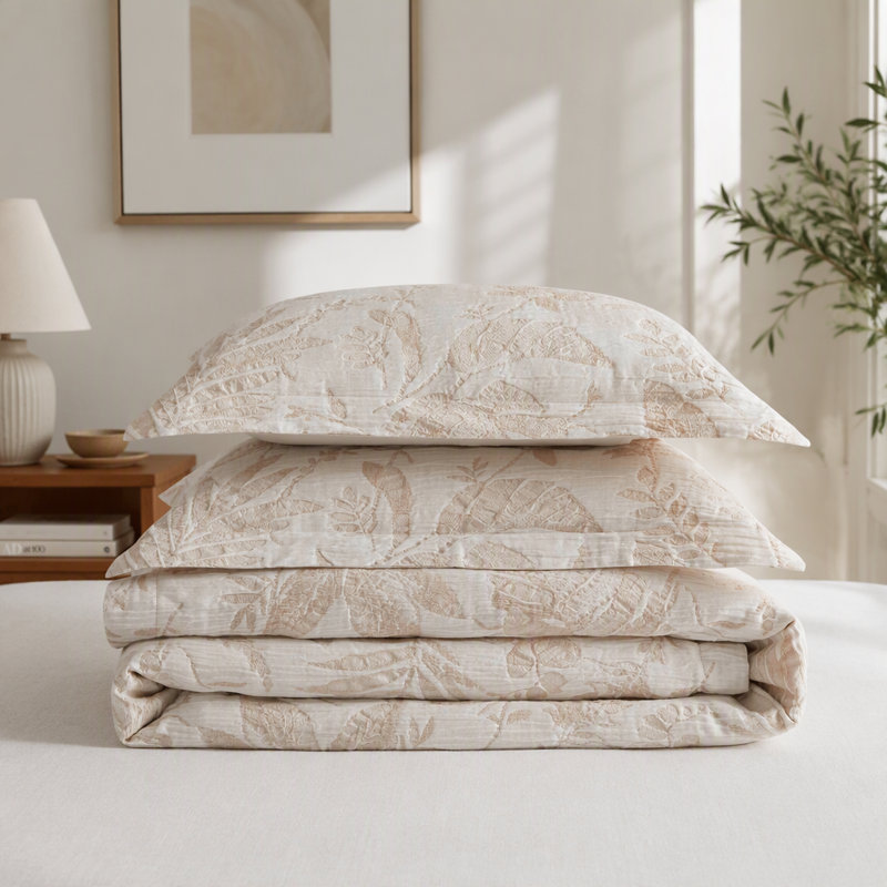 Ensemble de housse de couette botanique en coton jacquard 3 pièces, Housse de couette double + 2 taies décoratives