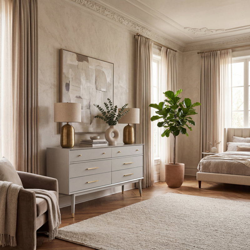 Commode 6 tiroirs Zack, Gris / laiton