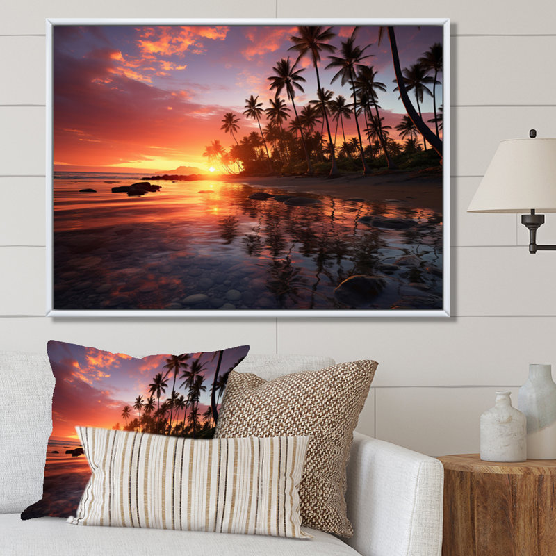 Hawaii Hawaiian Sunrise - Art mural d'Hawaï, H 16 po x l 32 po x P 1 po, Cadre flottant blanc