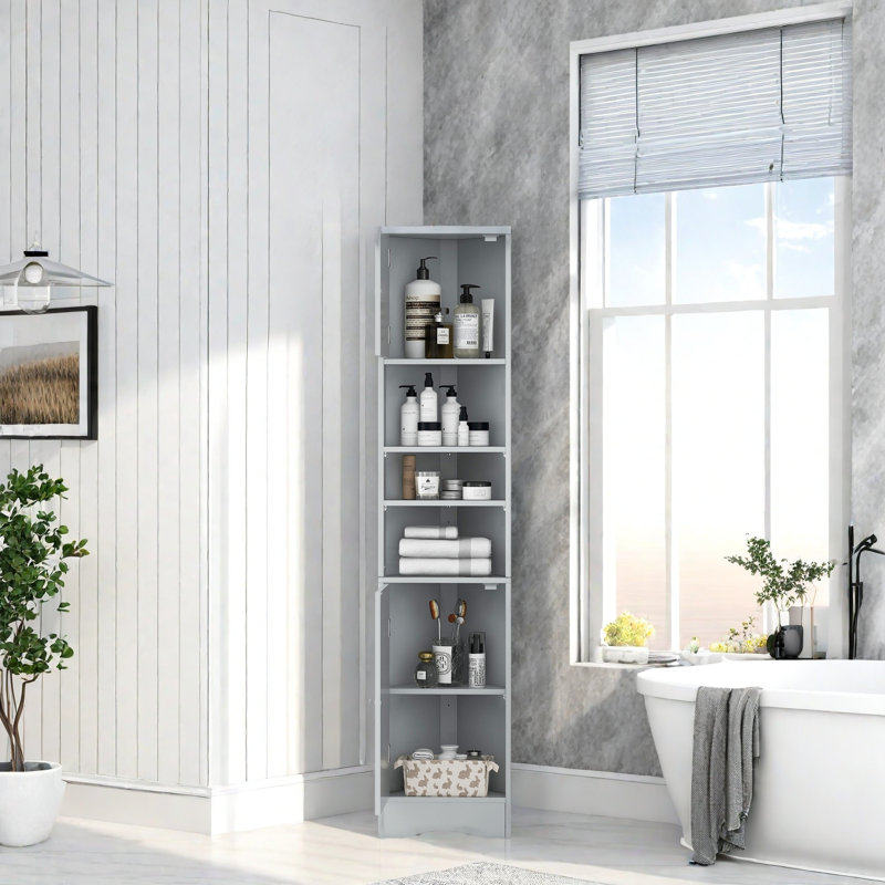 Multi-Functional Corner Cabinet Tall Bathroom Storage Cabinet With Two Doors And Adjustable Shelves, Gray