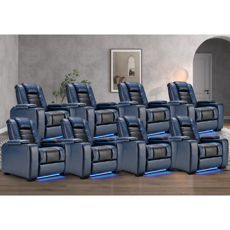 Fauteuil de cinéma maison inclinable et ajustable 39 po avec porte-gobelet à DEL USB (ensemble de 8), Bleu