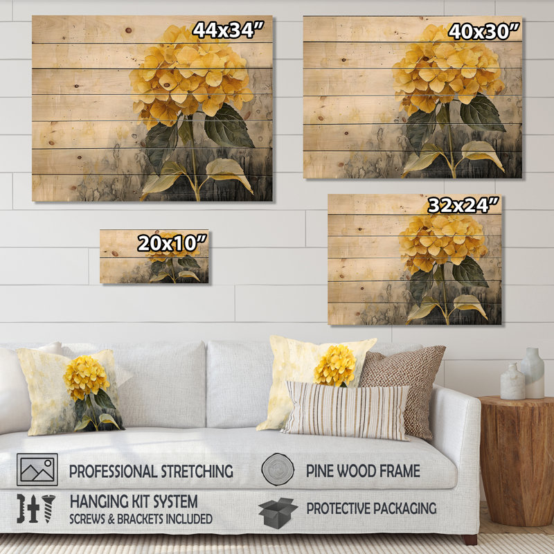 Hydrangées jaunes - foyer III - décoration murale en bois d'hortensias - sur bois de pin naturel, H 10 po x l 20 po