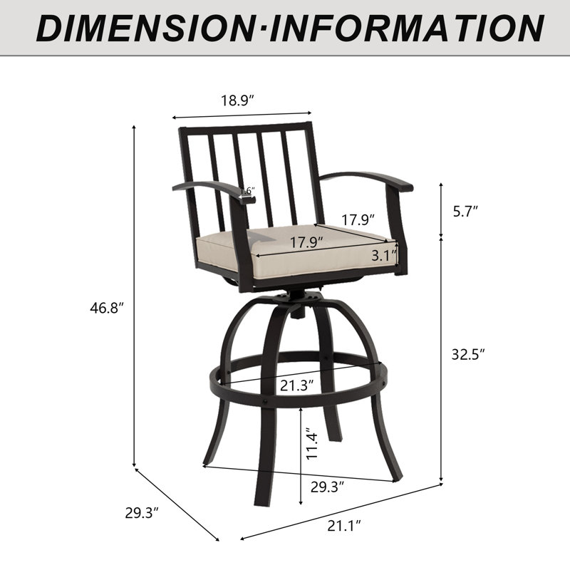 Tabouret de bar pivotant en acier thermolaqué de 29,4 po avec accoudoirs et coussins, Tanné