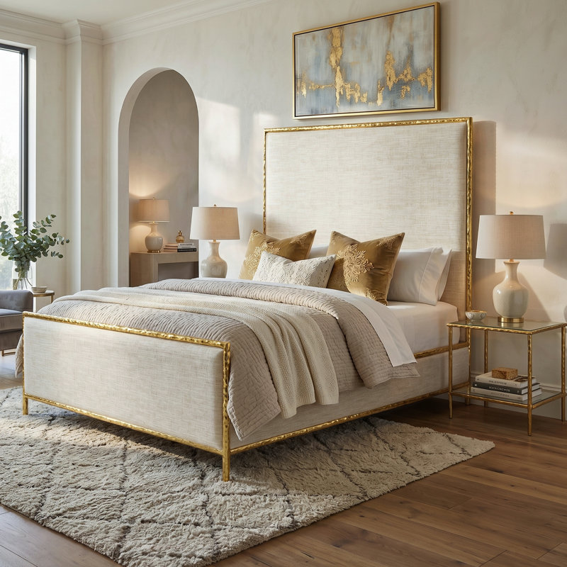 Ensemble de chambre à coucher à panneau en métal martelé 2 pièces avec tables d'appoint Premier, Or/beige