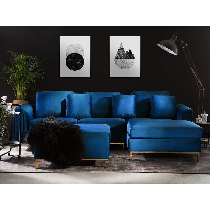 Kaya 4 Seater Velvet Corner Sofa , Right Hand Facing, Brown, Navy Blue