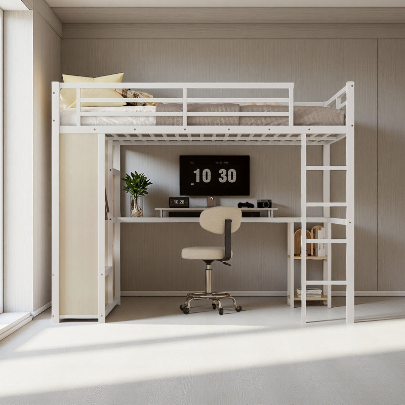 Structure de lit mezzanine grand format avec garde-robe intégrée, lit mezzanine en métal avec bureau et tablettes de rangement