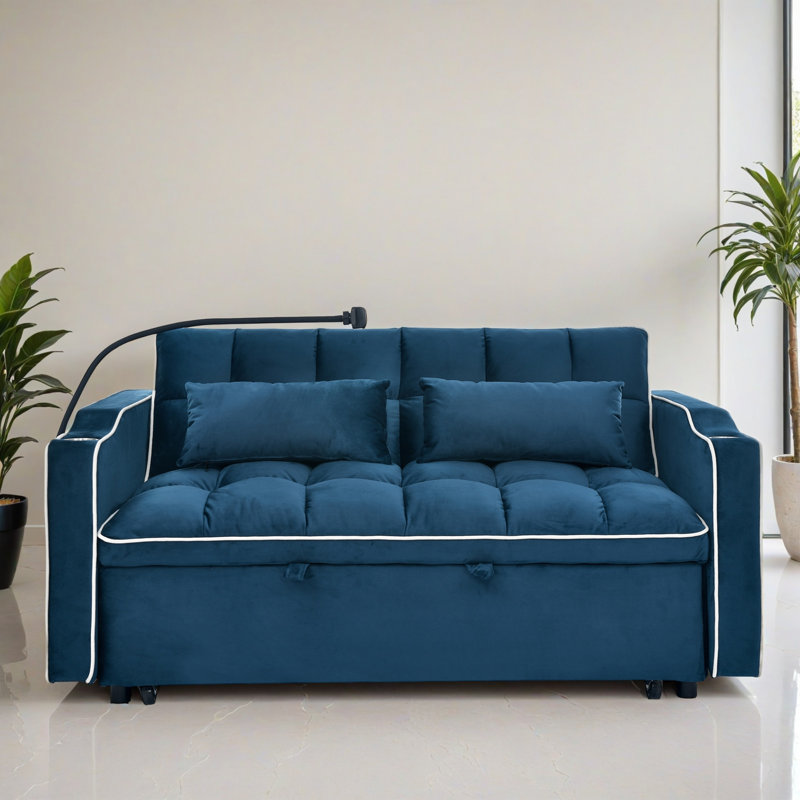 Canapé-lit 55,52 po à accoudoirs carrés et dossier capitonné avec coussins, Bleu