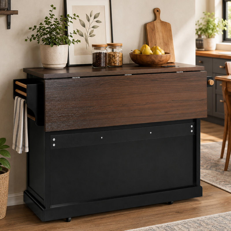 Kayoyr Kitchen Island with Drop Leaf Power Outlet and Storage Cabinets