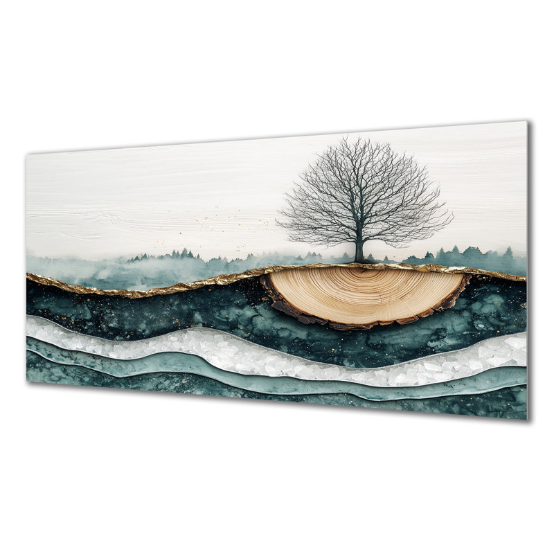 «Winter Tree In Ink Geode Landscape III», reproduction d'art traditionnelle en métal, art mural forêt en métal