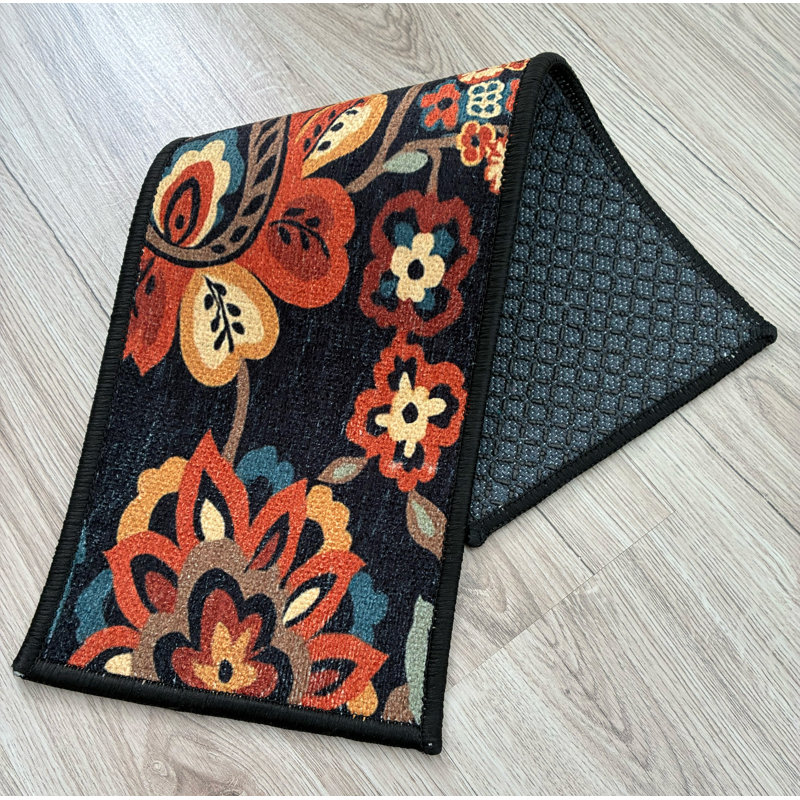 Tapis d'escalier taille basse sur mesure à motif floral noir sur mesure, Rectangle 26 po x 10,5 po, 7 pièces incluses