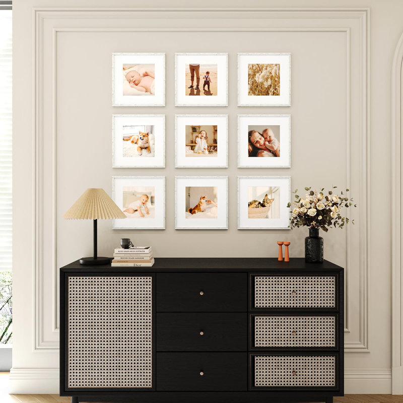 8X8 Picture Frame Set Of 9, Display Pictures 4X4 With Mat Or 8X8 Without Mat, Multi Collage Gallery Square Photo Frames For Wall Or Tabletop, Distressed White