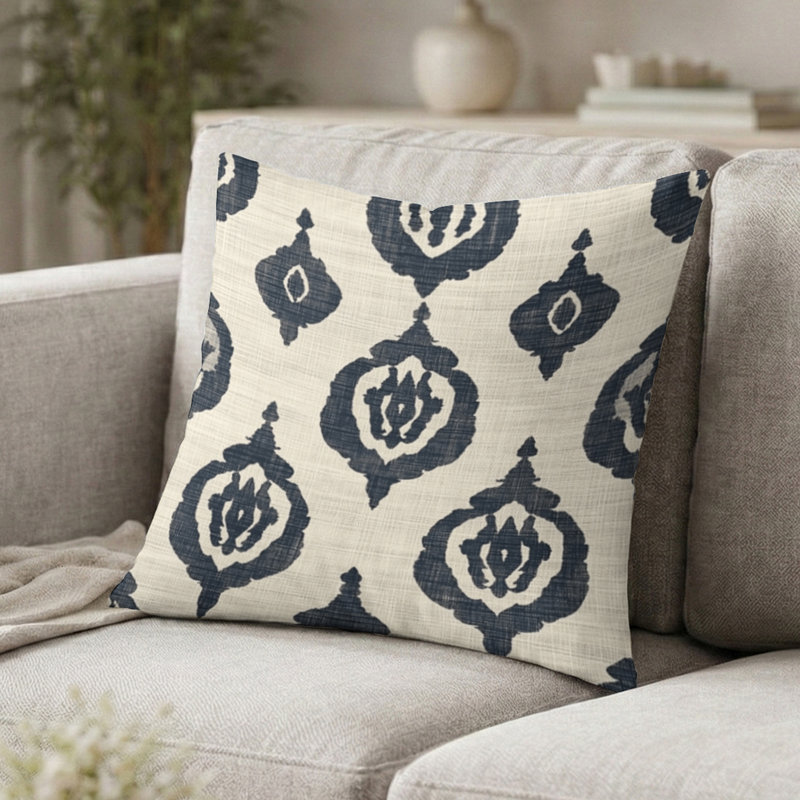 Coussin Country Farmhouse - Coussin Ikat classique noir et beige, H 18 po x l 18 po