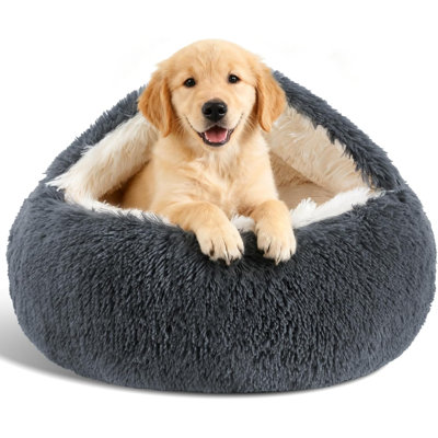 Lit apaisant pour chien et chat avec housse à capuchon, lits ronds amovibles lavables pour les petits animaux de compagnie de taille moyenne, lit escamotable moelleux en fausse fourrure antidérapante pour un sommeil amélioré, pouvant supporter jusqu'à 15/25 lb (gris foncé, 24 po x 24 po)
