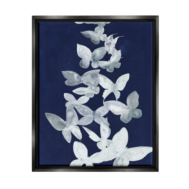 «August Butterfly», art mural encadré par des papillons bleus par Grace Popp, Cadre flottant noir de jais