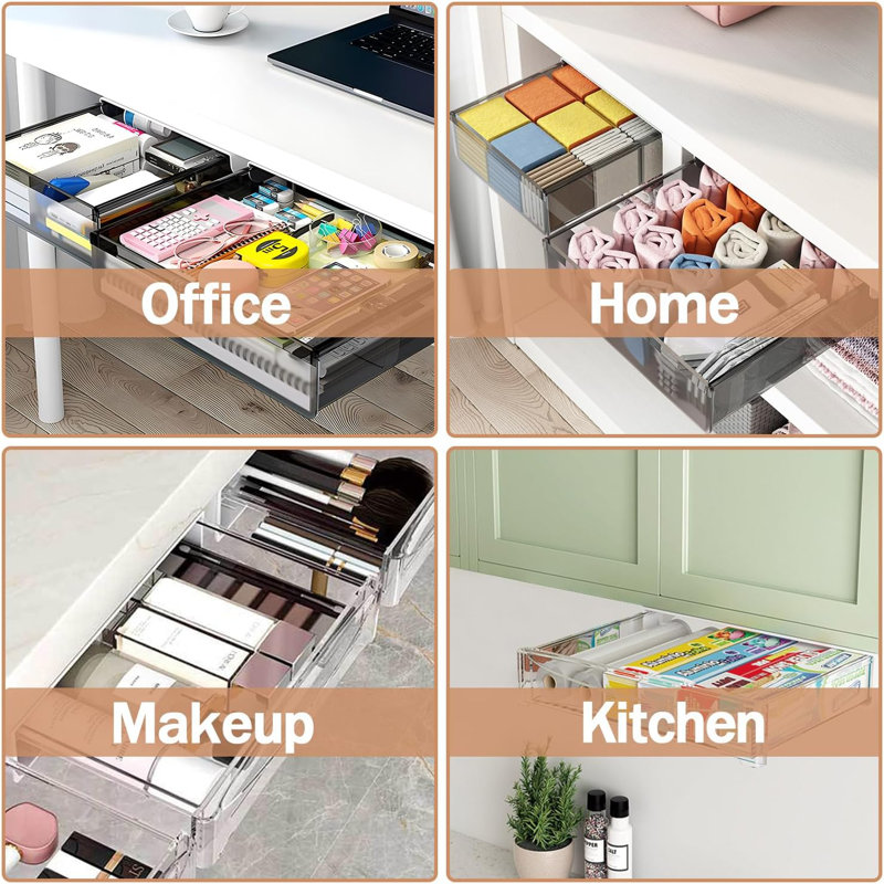 Under Desk Table Drawer Storage Organizer,2 Pack Large, Medium Slide Out Desk Drawers, Hidden Desktop Organizer,Clear Black