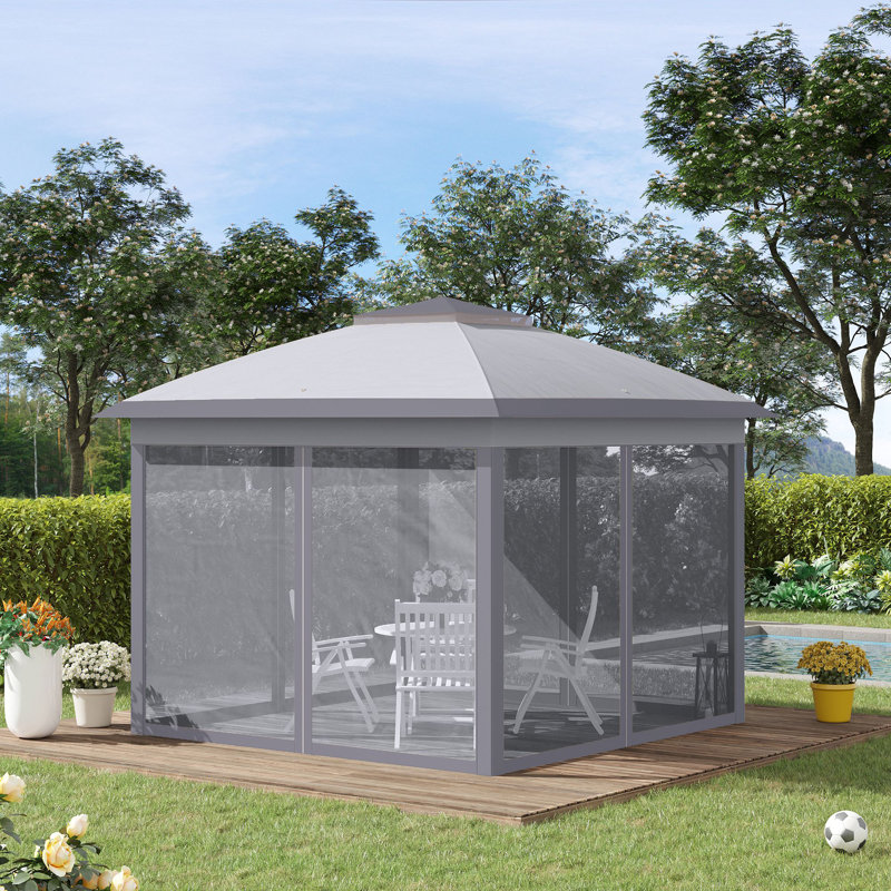3.3 X 3.3m Pop Up Gazebo, Height Adjustable Double Roof Shelter With Zipped Mesh Sidewalls, Breathable Top Vent, Powder Coated Steel Frame And Portable Carry Bag, Grey