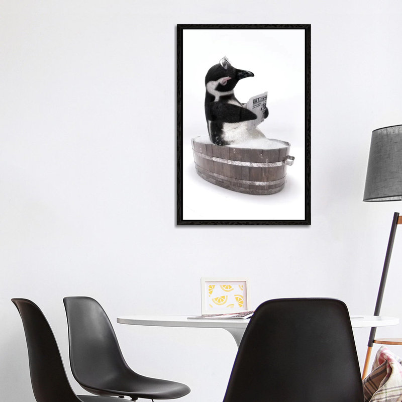 Penguin In A Wooden Bathtub by Jauffrey Philippe - Gallery-Wrapped Canvas Giclée on Canvas, Black Floater Framed