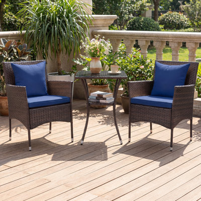 3PCS Patio Wicker Bistro Set, 2 Rattan Chairs with Double-Tier Tempered Glass Table Mix Brown+Blue