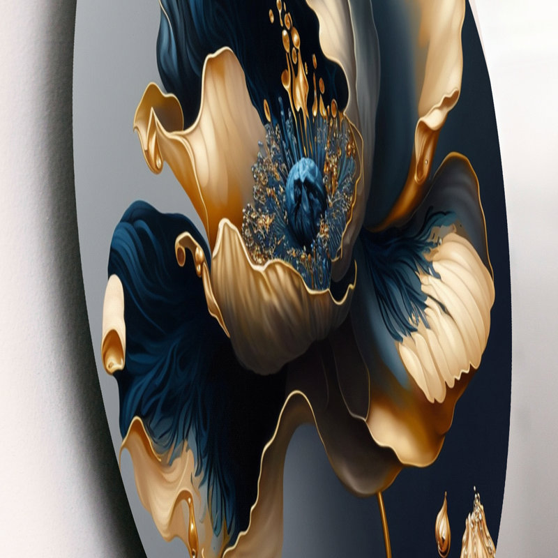 Deep Blue And Gold Single Flower II - Floral Metal Circle Wall Art, 36" W x 36" H
