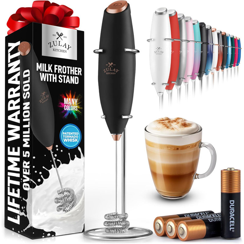 Zulay Kitchen Tornado Whisk Milk Frother With 4 Aa Duracell Batteries - Triple Whisk For More Power, Matte Black