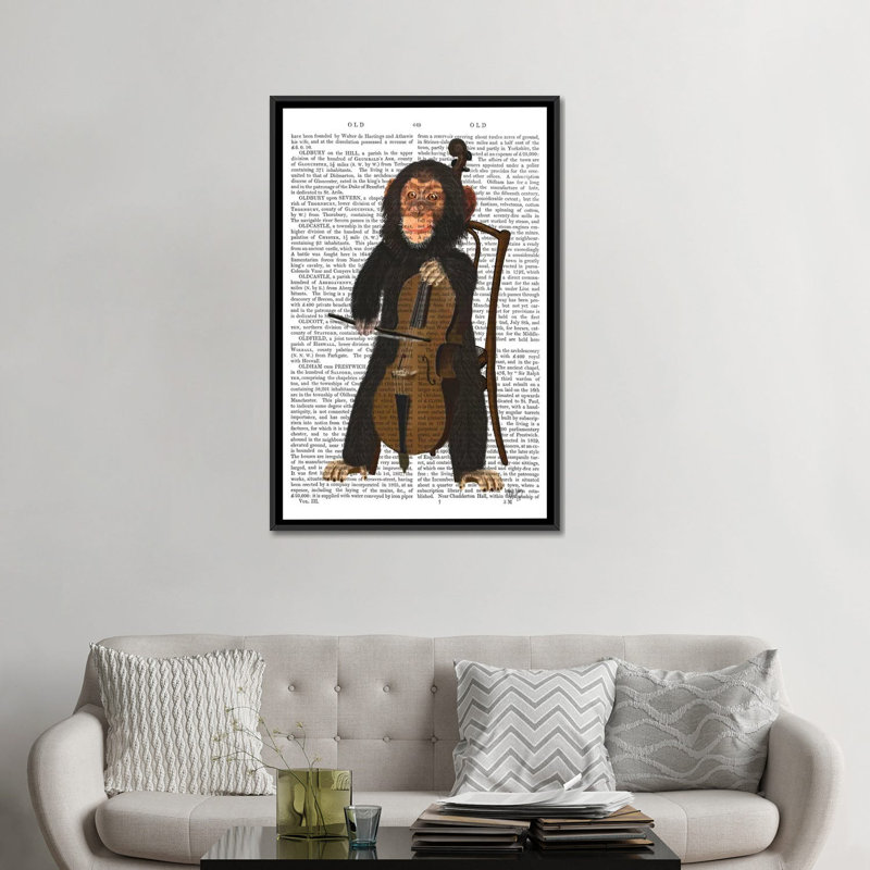 «Chimp jouant un violoncelle I», impression sur toile, H 48 po x l 32 po x P 1,5 po, Toile avec cadre noir, Pas de tapis