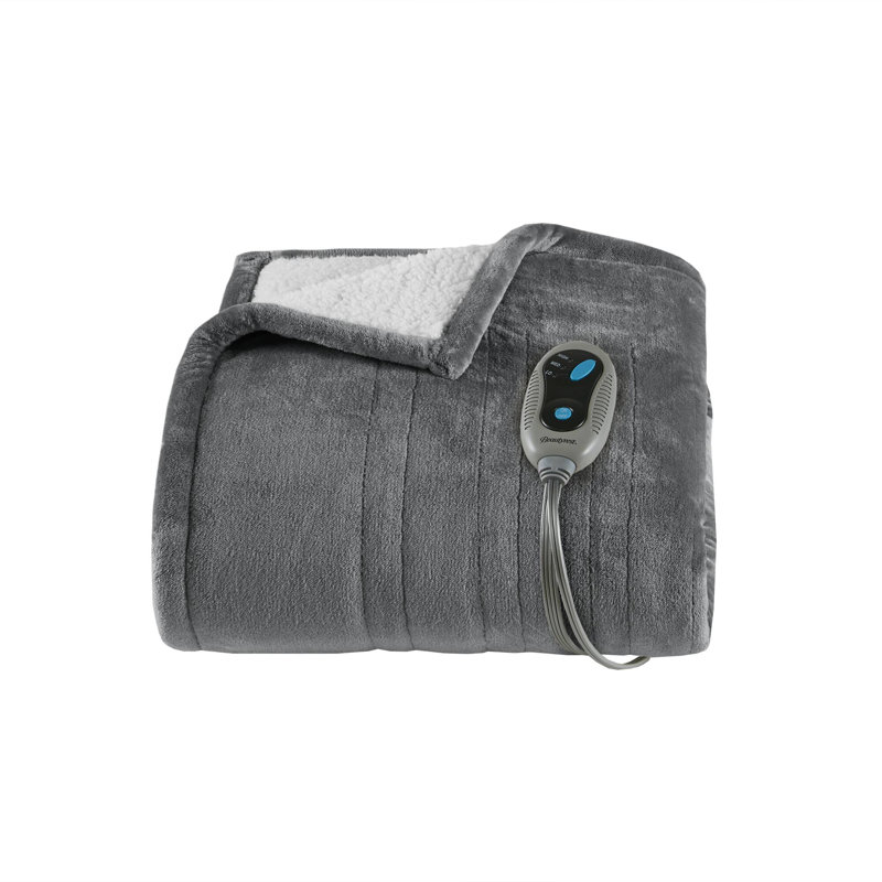 Gray Electric Heated Reversible Fleece Sherpa Throw Blanket