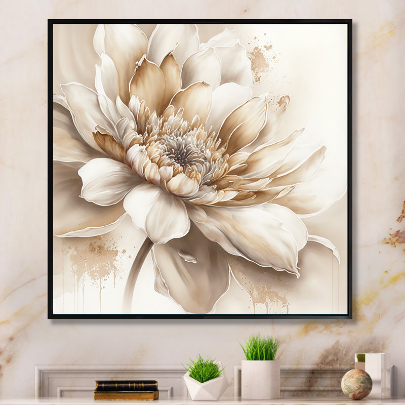 Simple fleur beige III - art mural floral, H 30 po x l 30 po x P 1 po, Cadre flottant noir