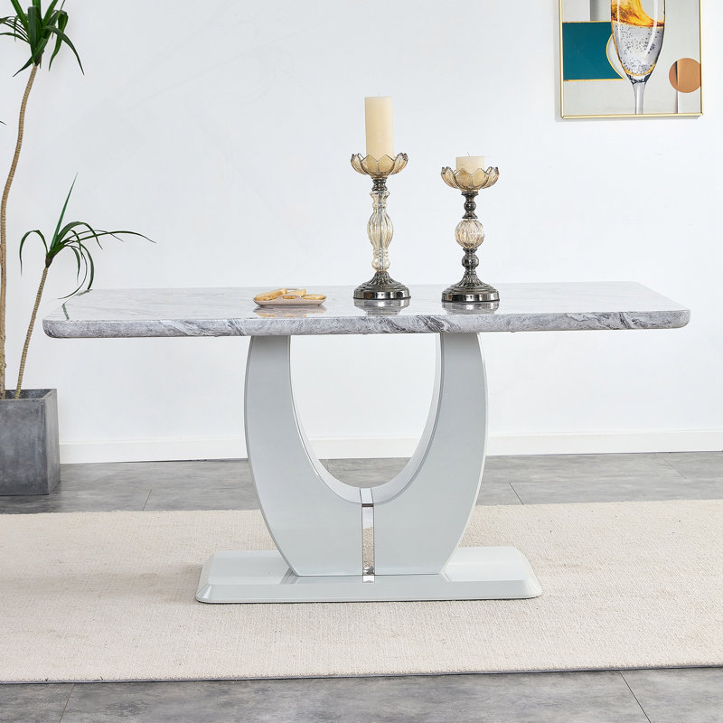 Table moderne en panneau de fibres à densité moyenne convenant à 4 à 6 personnes, table de salle à manger de 63 po avec plateau en bois aggloméré texturé gris marbré, structure facile à assembler et durable, ce qui en fait un choix idéal pour les restaurants.