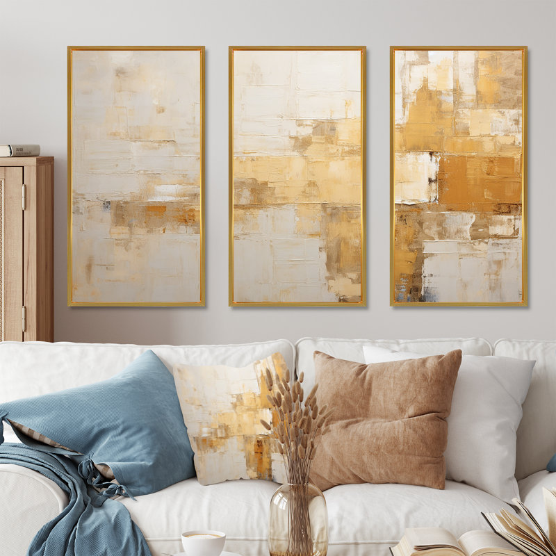 Minimalisme beige horizon I - ensemble d'art mural abstrait, Cadre flottant doré, H 40 po x l 60 po x P 1 po