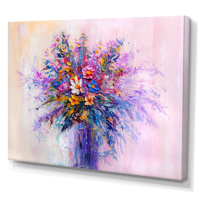Vase de fleurs rouges et mauves - reproduction sur toile avec cadre flottant, H 24 po x l 36 po x P 1 po, Toile tendue