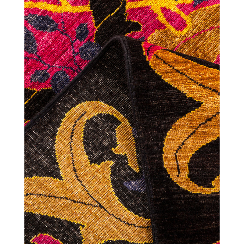 Tapis noir / rouge / jaune en laine noué à la main de conception unique 8 pi 10 po x 11 pi 10 po
